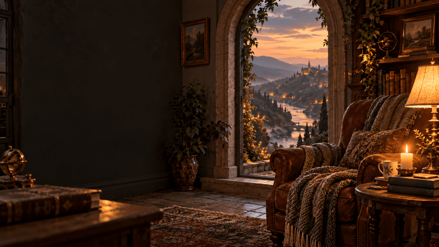 A warm reading room with books, a blanket-covered chair, and candlelight beside an arch opening onto a magical river valley.