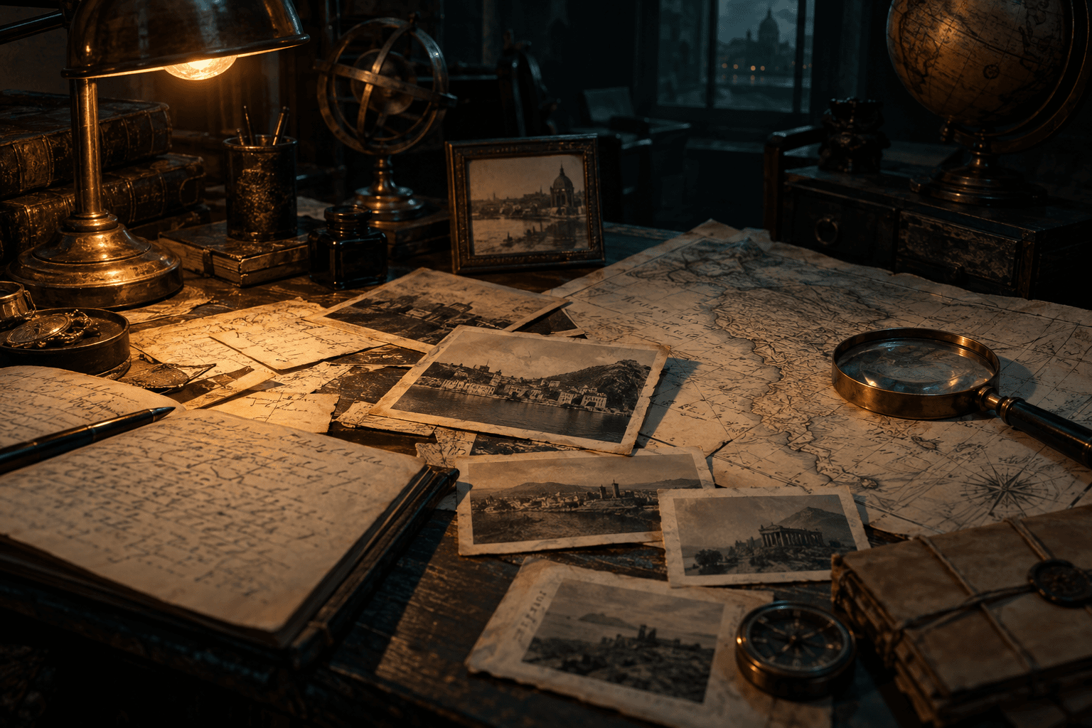 Old photographs, maps, and forgotten records in a dim archive.