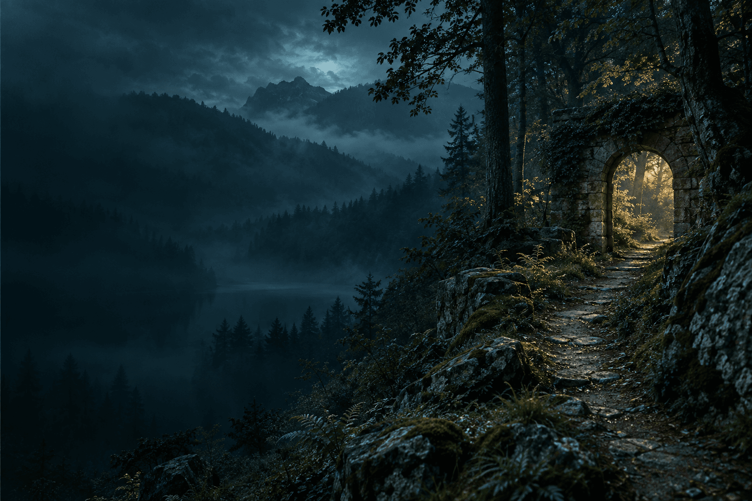 A misty woodland path leads to a small, warmly lit stone doorway.