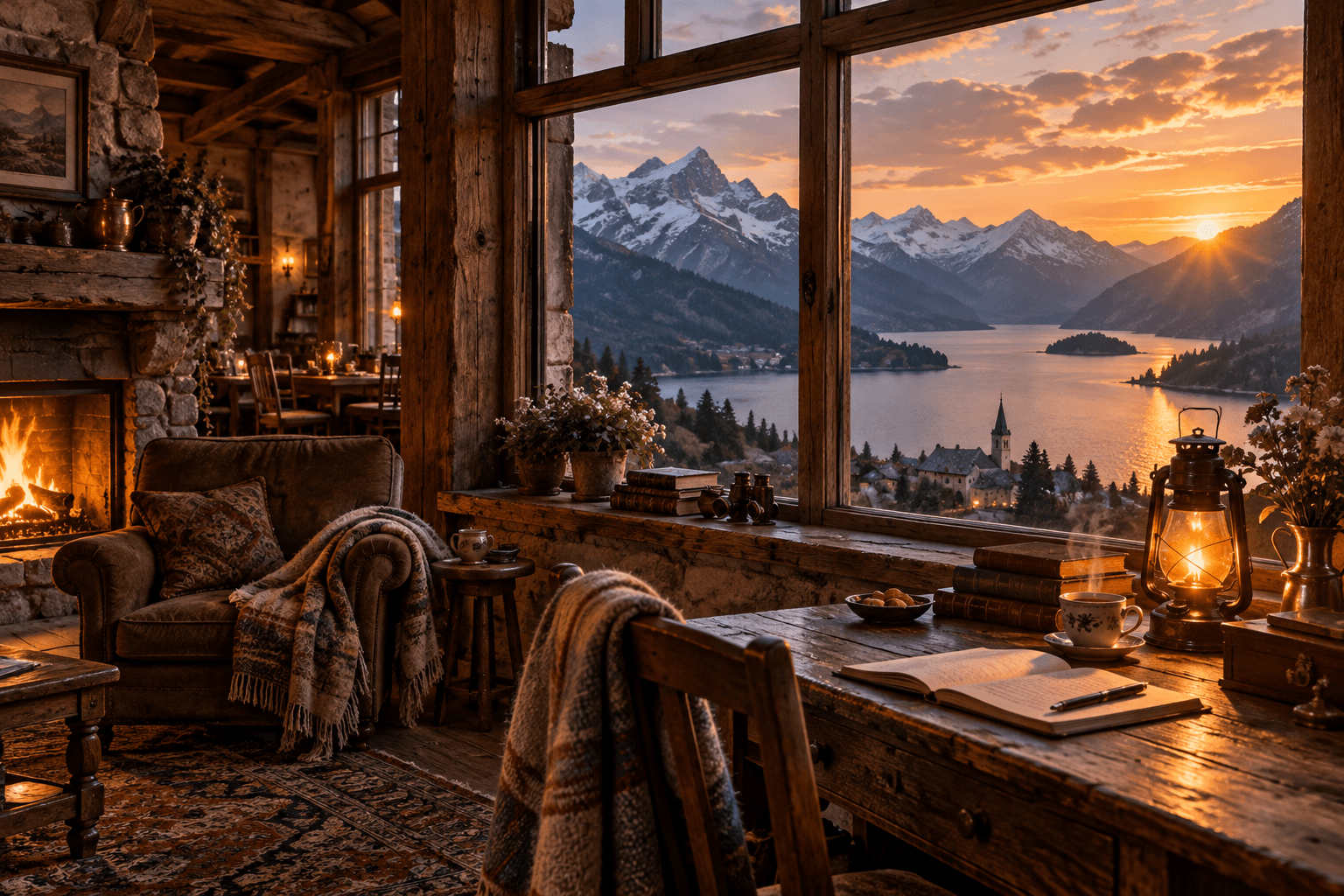 Lamplight, books, and a comfortable chair beside an inn window overlooking an alpine lake.