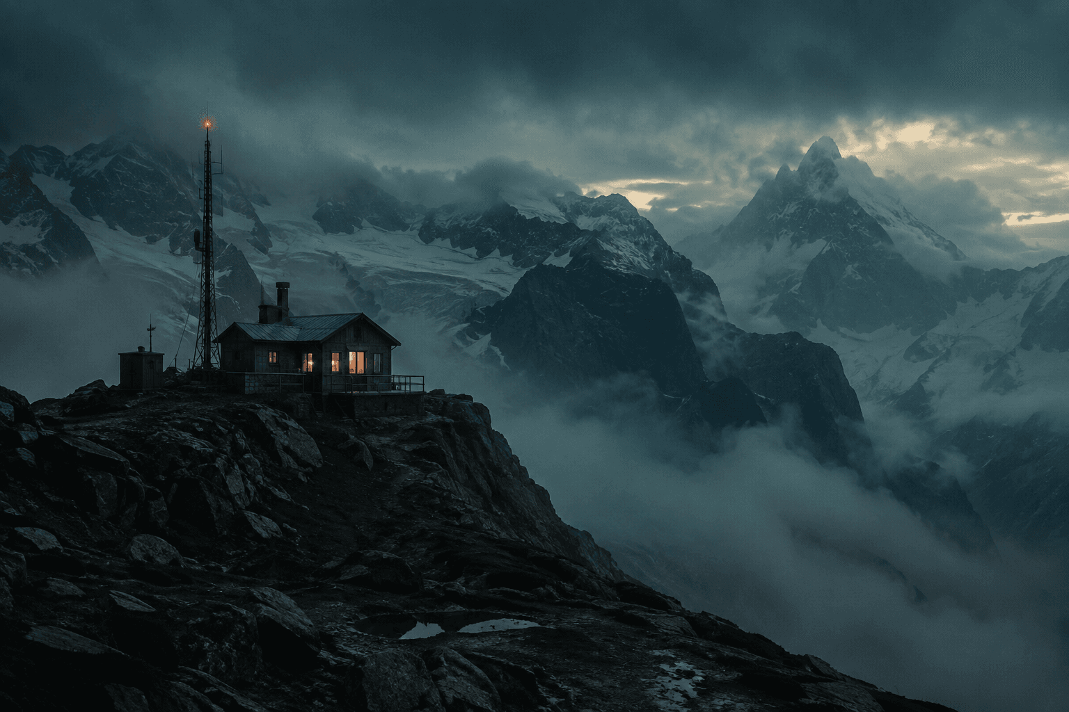 A remote mountain station sends a red signal into the mist.