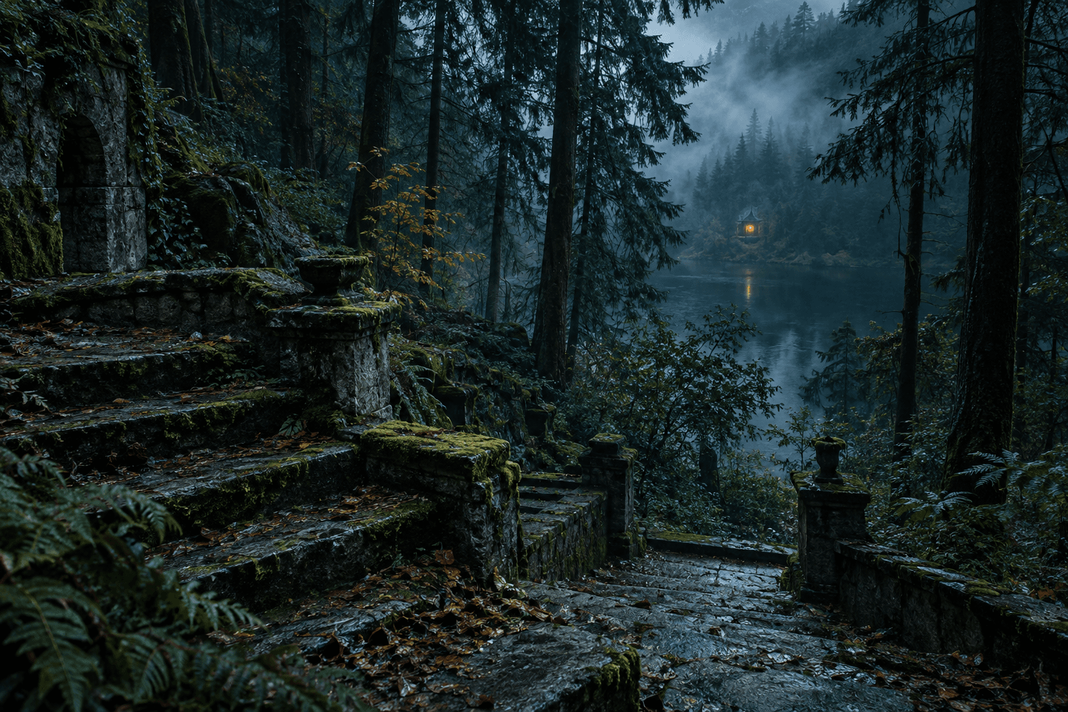 Old stone steps disappear into a dark forest, with a distant warm light.